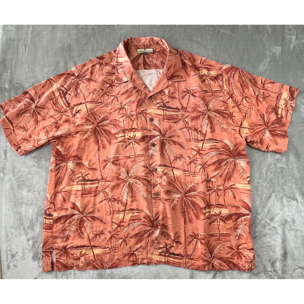 Tommy Bahama Button Up Shirt Mens XXL Salmon Orange 100% Silk Palm Tree Print